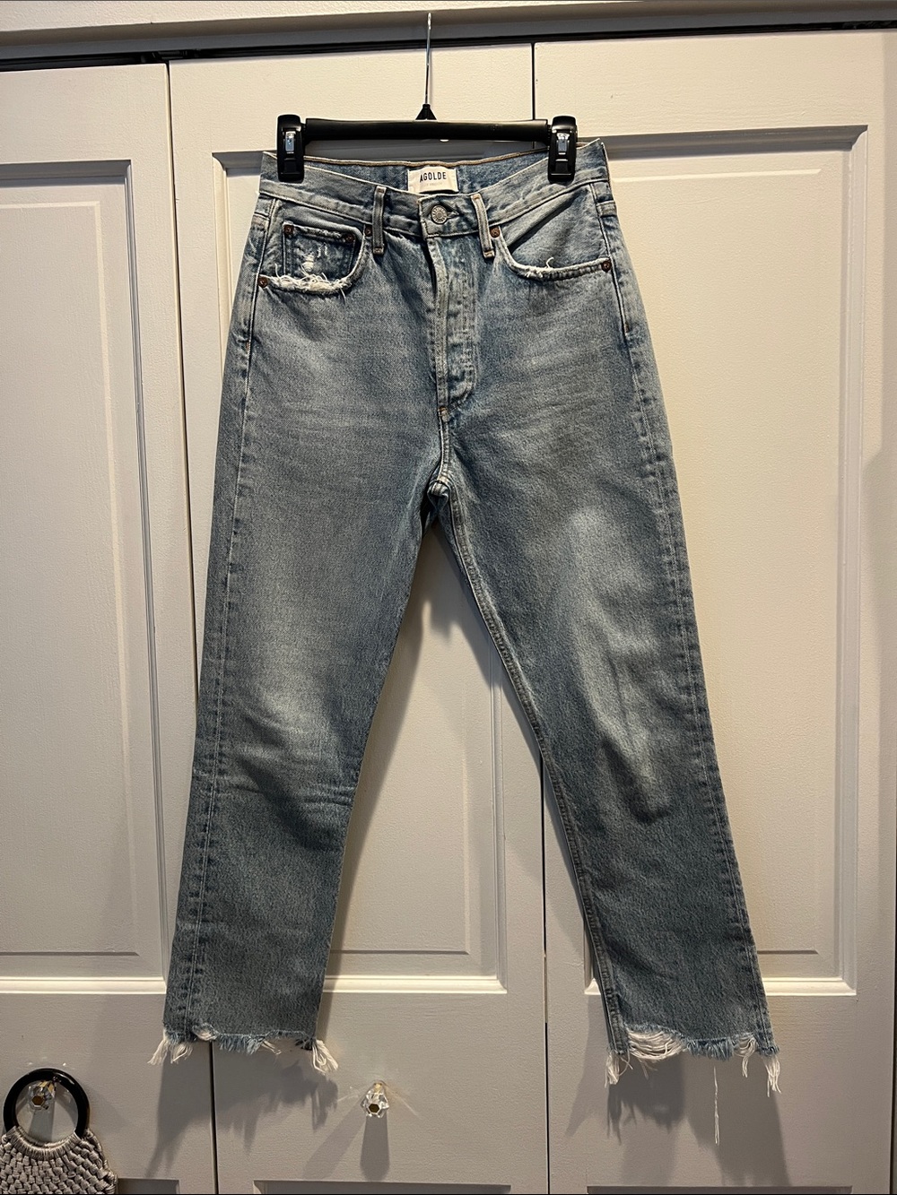 AGOLDE Light Blue Cropped Straight Jeans with Raw Hem